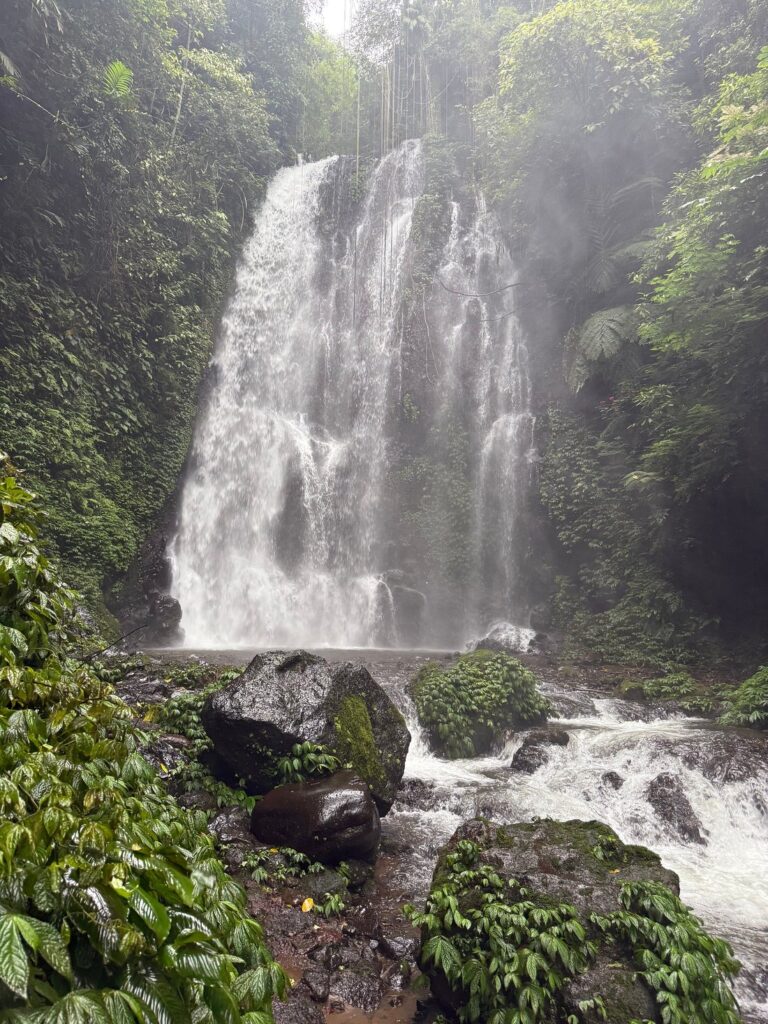 Hikers exploring hidden waterfalls during the Munduk Waterfalls Trek in Bali.